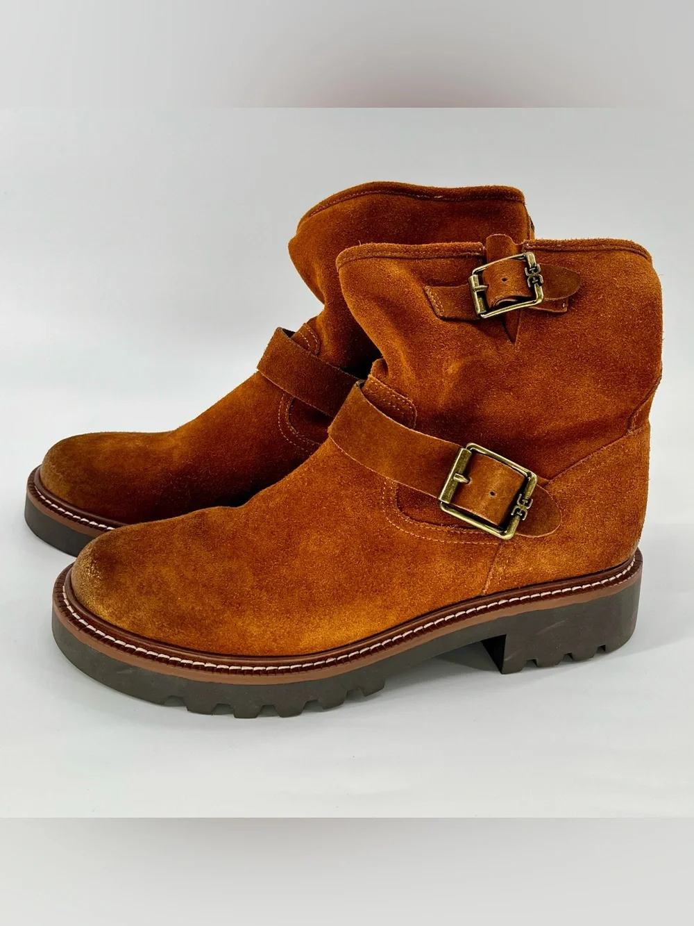 Sam Edelman Kinsley Amber Brown Suede Biker Boots Size 8.5 - LIKE NEW